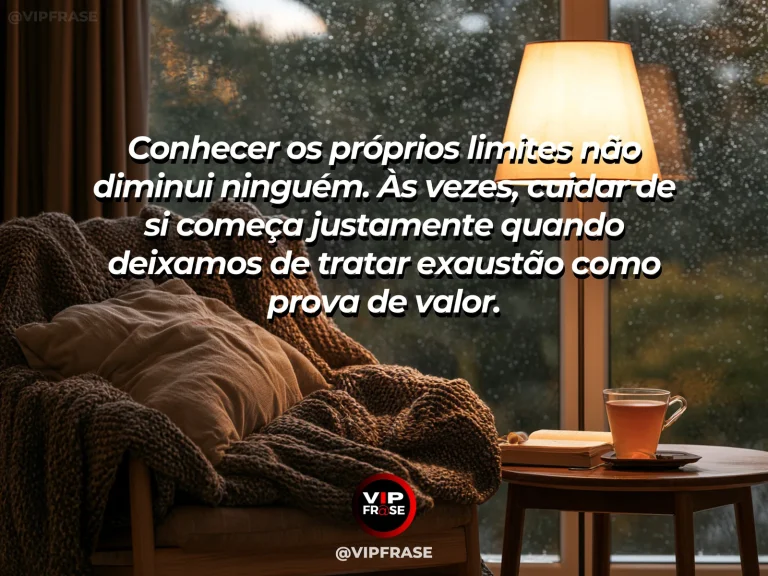 Mensagem reflexiva sobre autocuidado e respeito aos limites, com canto de leitura iluminado com plantas e flores.