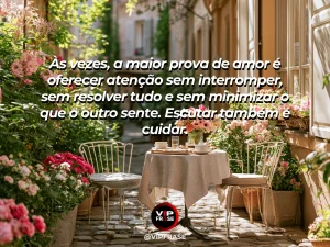 Mensagem sobre escuta e amor com sofá e poltrona em ambiente acolhedor.