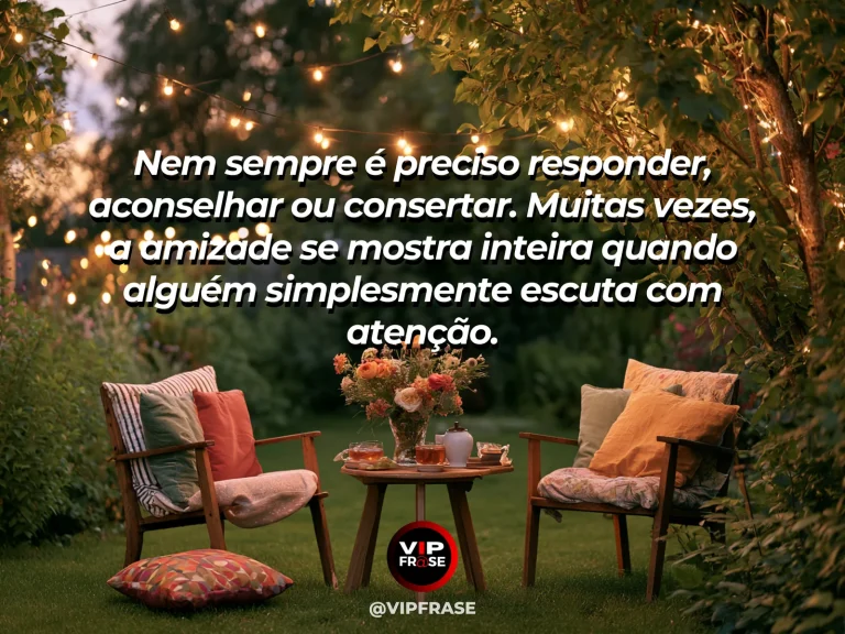 Mensagem de amizade sobre saber ouvir também é uma forma de amizade, em cena de duas poltronas voltadas uma para a outra em ambiente calmo, com iluminação suave e nenhuma distração ao redor.