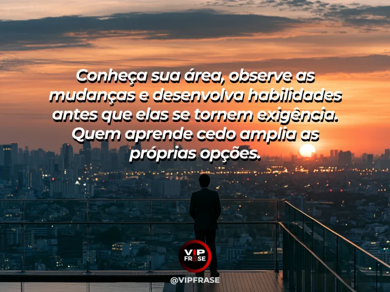 Mensagem motivacional sobre estudo e trabalho, com uma mesa com notebook, caderno e referências de tendências profissionais.