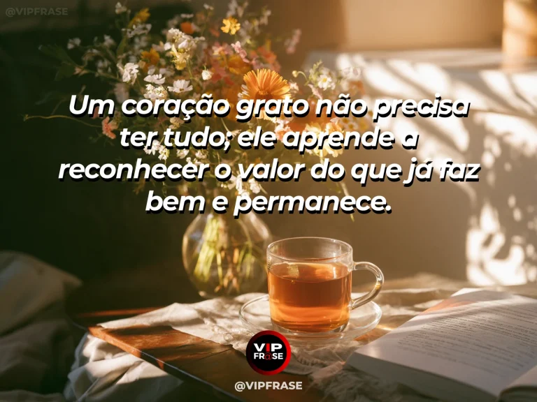 Mensagem de gratidão sobre reconhecer o essencial, com ambiente minimalista acolhedor com livro aberto