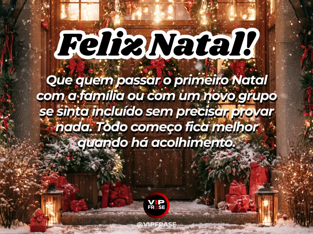 Arte de Natal sobre carinho, familia, com entrada de casa natalina com ambiente receptivo, luzes suaves e sensação de boas-vindas.