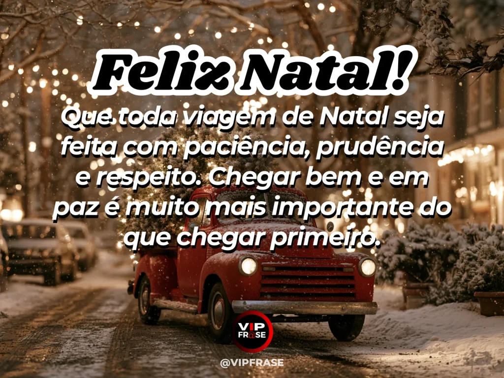 Arte de Natal sobre paz, sabedoria, com carro em estrada decorada por luzes de Natal ao entardecer, atmosfera calma e segura.