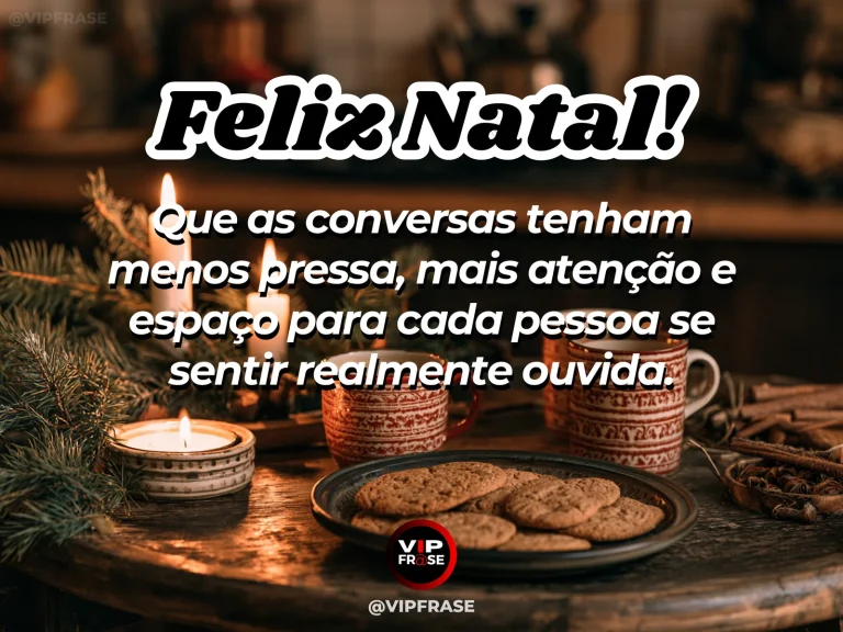Mensagem de Natal sobre carinho, com duas poltronas próximas diante de uma árvore de Natal, chá sobre uma mesa baixa e luz quente, sugerindo escuta e presença.