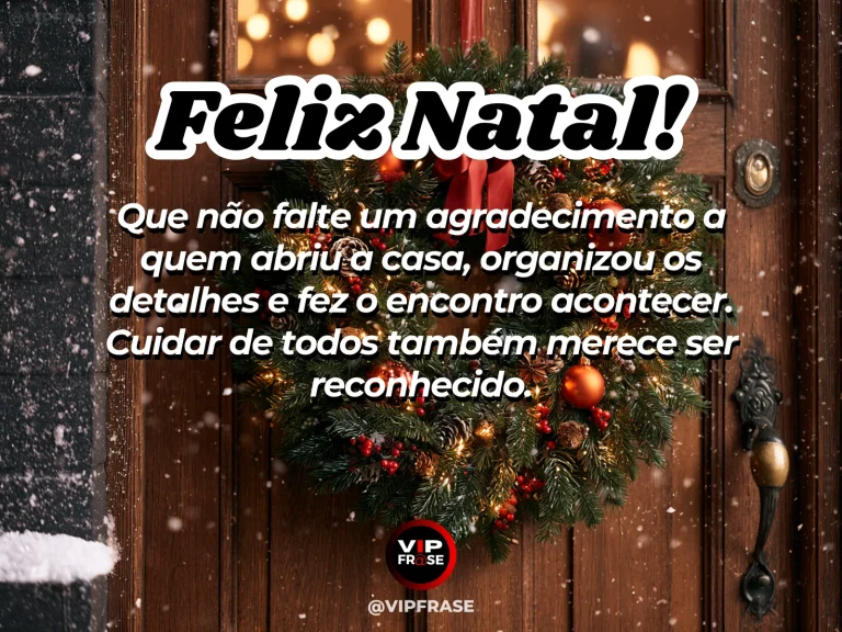 Arte de Natal sobre gratidao, carinho, com porta de casa decorada para o Natal e mesa pronta para receber convidados em clima acolhedor.