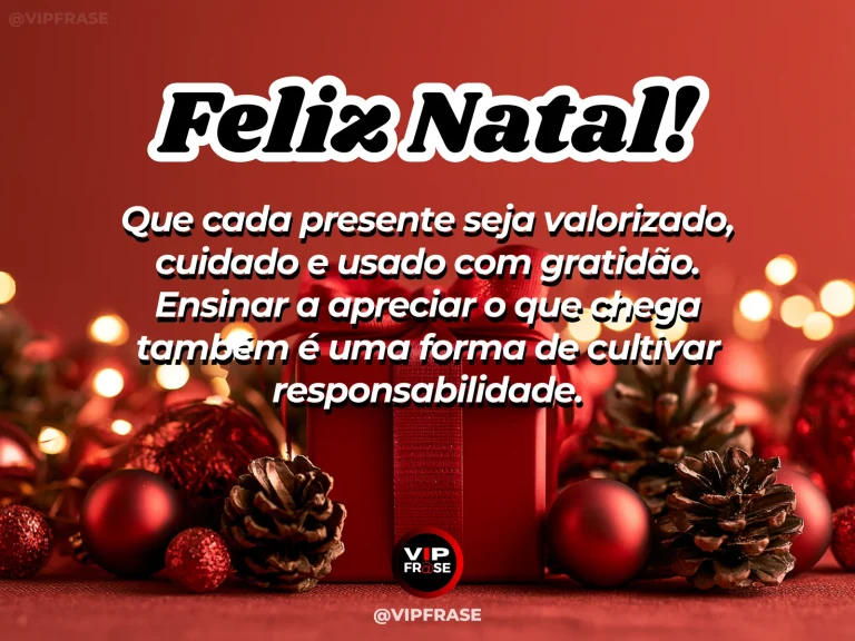Arte de Natal sobre gratidao, sabedoria, com presente de Natal guardado com cuidado ao lado de enfeites e luzes suaves.