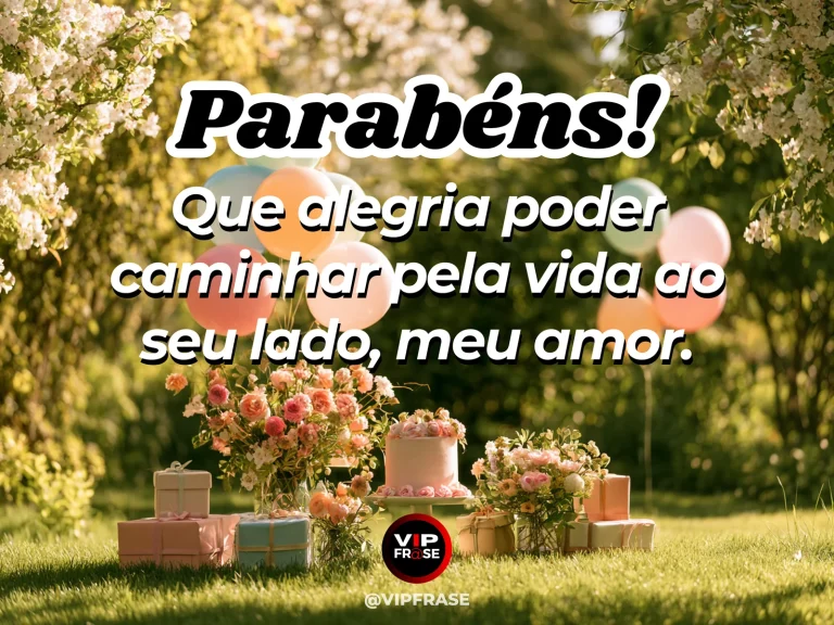 Mensagem de aniversário para esposa sobre amor e cumplicidade, com cenário romântico iluminado.