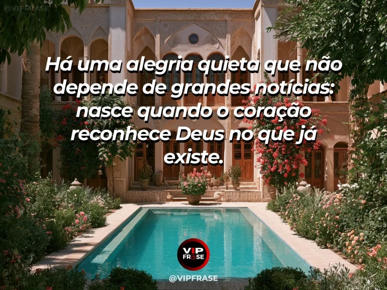 Frase sobre Deus com jardim ensolarado com flores coloridas, mesa de café elegante e céu azul luminoso.