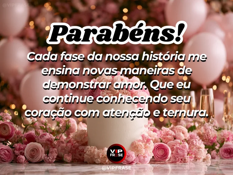 Mensagem de aniversário para esposa sobre amor e cumplicidade, com cenário romântico iluminado.