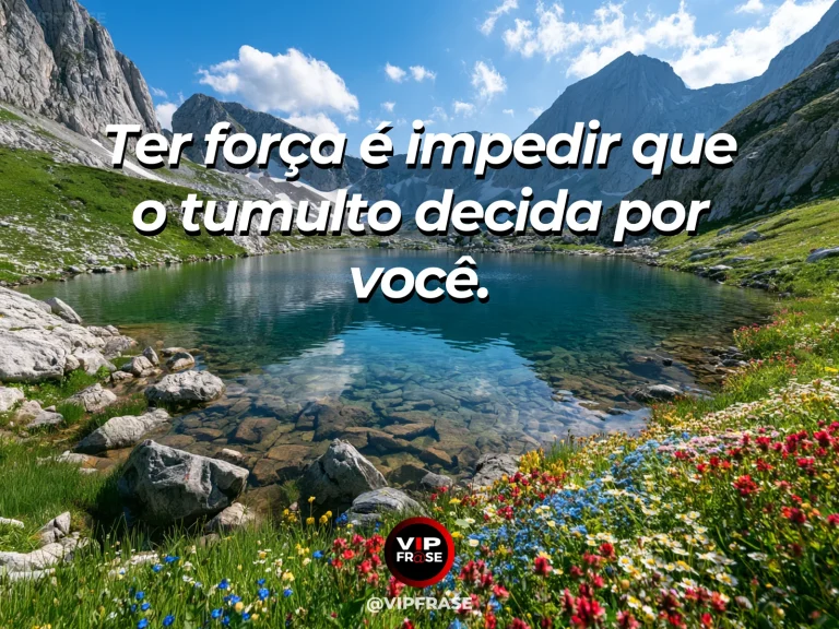 Mensagem de força sobre a calma que sustenta, com árvore antiga junto a lago calmo entre montanhas.