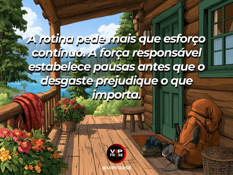Frase de força sobre a disciplina de proteger o descanso, com chalé de pedra e madeira à beira de lago cristalino com montanhas.