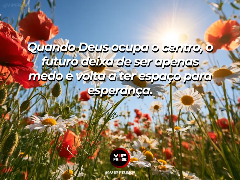 Frase sobre Deus com amanhecer intenso sobre vale de flores, sol centralizado no horizonte e céu colorido.