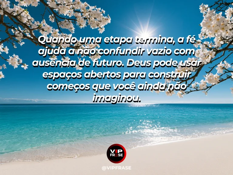 Mensagem de fé sobre abrir espaço para novos começos, com praia de areia branca com arco natural de pedra.