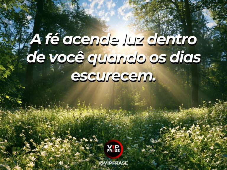 Frase de fé sobre força nos dias difíceis, com floresta após a chuva com raios de sol entre folhas verdes e flores.