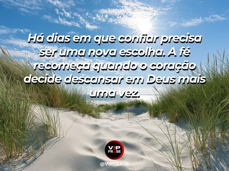 Mensagem de fé sobre renovação da confiança pela fé, com amanhecer sobre dunas douradas com vegetação resistente e céu delicadamente colorido..