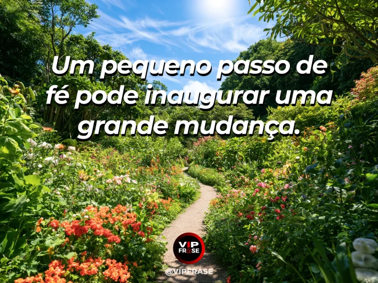Frase de fé sobre pequenos passos e recomeço, com trilha entre flores alpinas levando a um vale ensolarado.