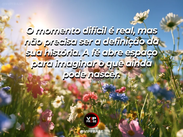 Frase de fé sobre esperança além do momento difícil, com grande campo de tulipas multicoloridas sob céu luminoso.