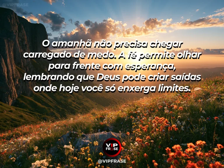 Mensagem de fé sobre olhar o amanhã com esperança, com penhasco coberto de flores diante de mar aberto.