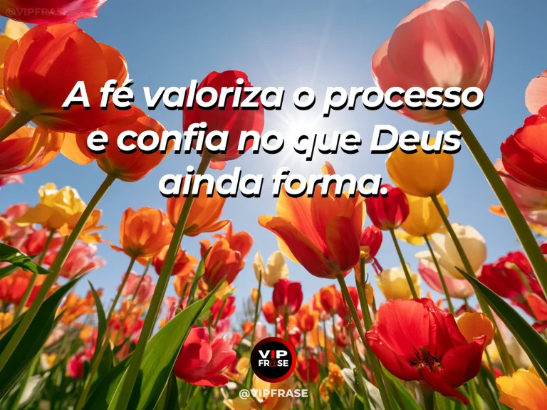 Mensagem de fé sobre fé no processo de formação, com jardim de primavera com botões e flores começando a abrir sob sol suave..