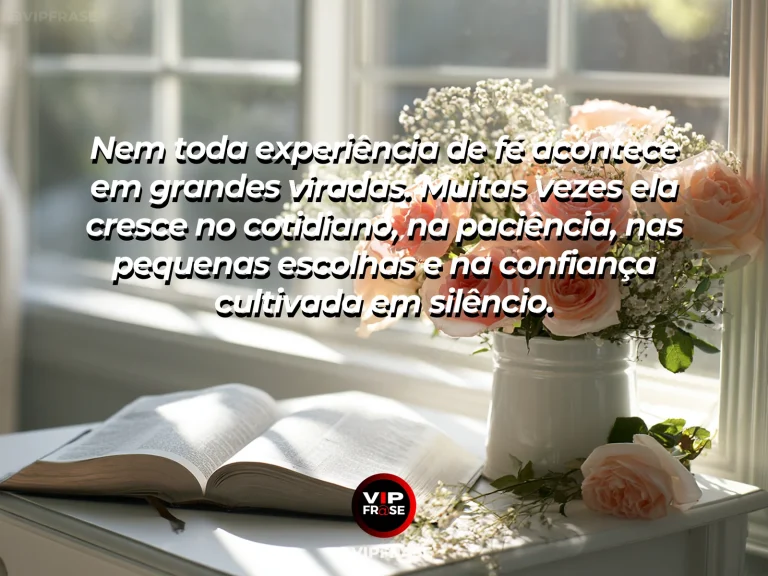 Mensagem sobre fé no cotidiano com janela iluminada, plantas e luz da manhã.