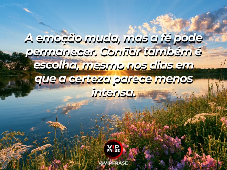 Mensagem de fé sobre fé além das oscilações emocionais, com oceano com ondas suaves e horizonte estável sob céu colorido.