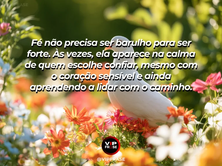 Mensagem de fé sobre viver uma fé firme e delicada, com jardim de lírios e flores brancas ao lado de lago.