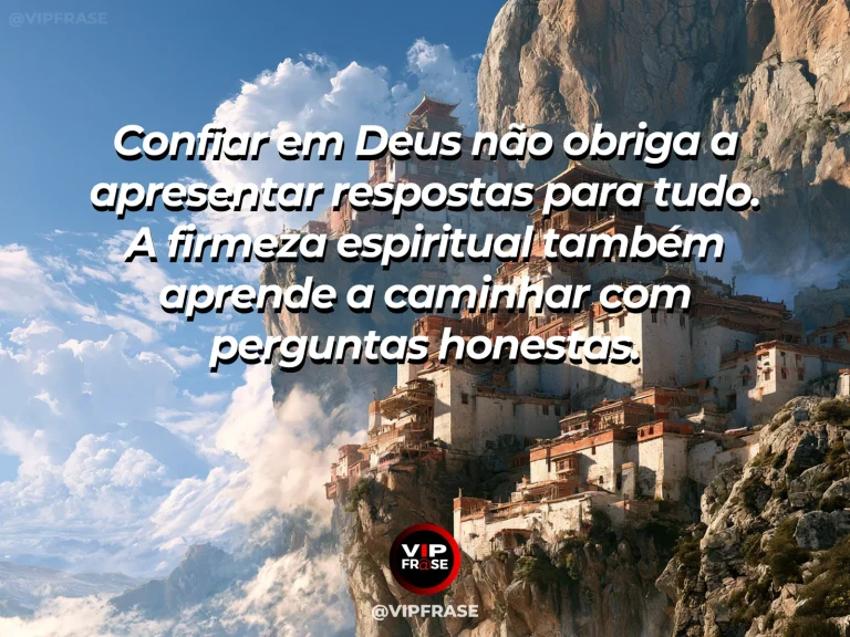 Frase de força sobre a fé que atravessa perguntas, com templo antigo cavado em falésia com caminho serpenteando sob céu azul.