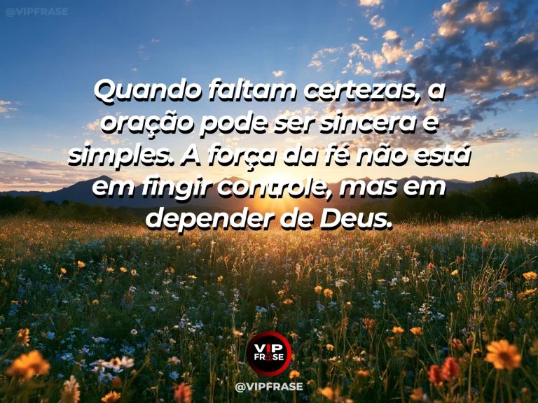 Mensagem de força sobre a fé que não precisa encenar segurança, com capela de pedra integrada à montanha sob sol nascente.