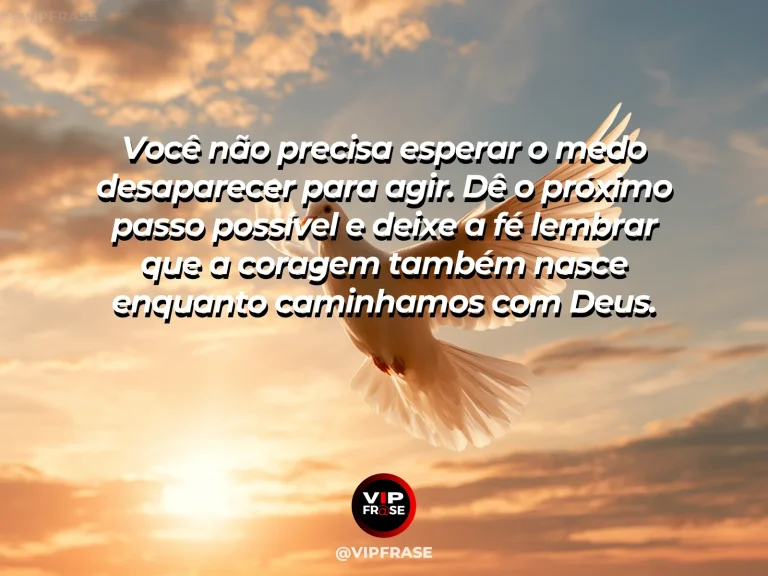 Mensagem de fé sobre transformar medo em movimento, com caminho de pedras sobre águas rasas e transparentes em uma lagoa azul.