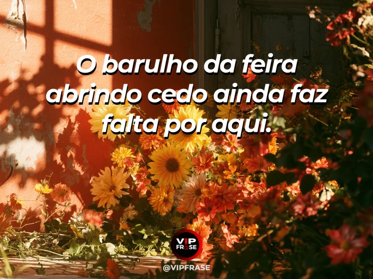 Mensagem sobre saudade, com bancas de feira com frutas e flores no sol da manhã.