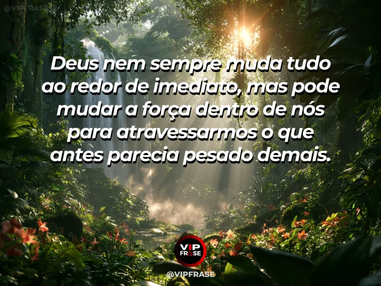 Mensagem sobre força renovada por Deus com cachoeira em mata vibrante.