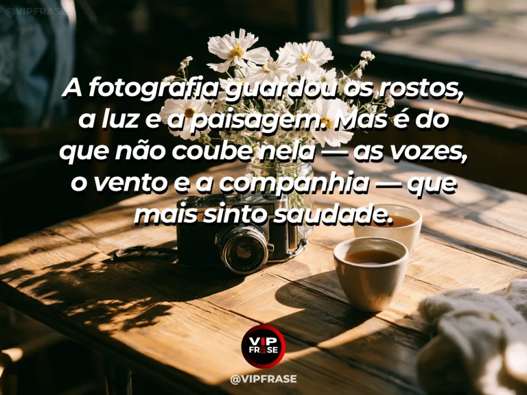 Mensagem de saudade sobre a falta além das fotografias, com fotografia de viagem ao lado de flores e café.
