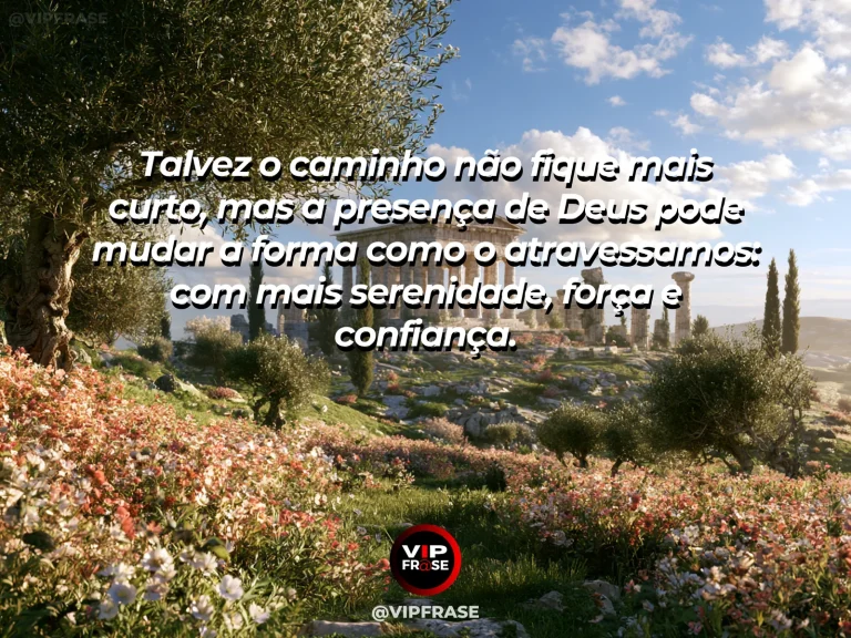 Mensagem sobre a presença de Deus no caminho com estrada panorâmica ao pôr do sol.