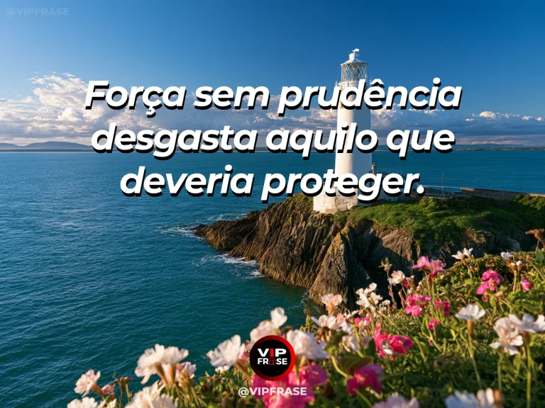 Frase de força sobre a proteção da prudência, com quebra-mar de pedras gigantes defendendo um pequeno porto ensolarado.