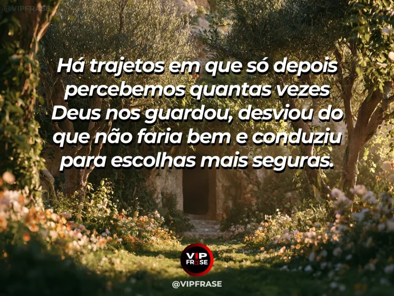 Mensagem sobre proteção de Deus com estrada sob túnel de árvores.