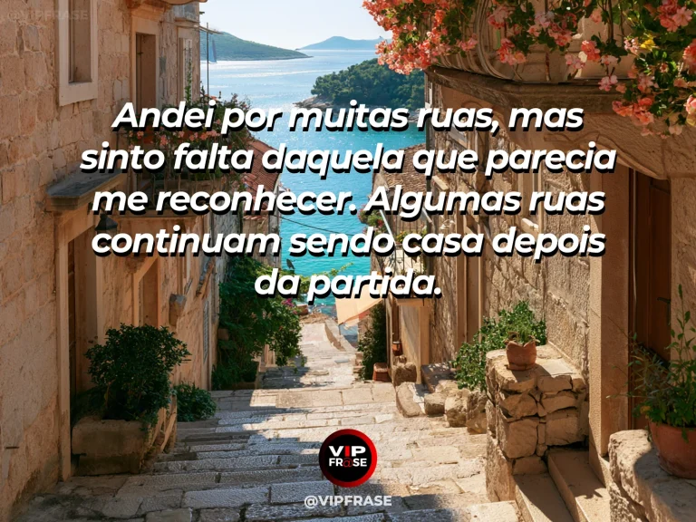Mensagem de saudade sobre a falta de uma rua especial, com rua antiga arborizada e casas floridas.