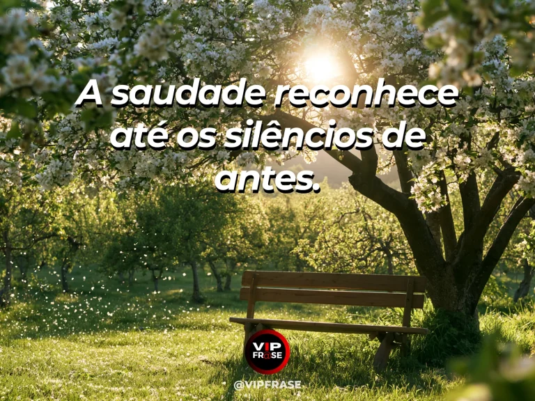 Frase sobre saudade com banco de madeira sob árvore frondosa, jardim luminoso.