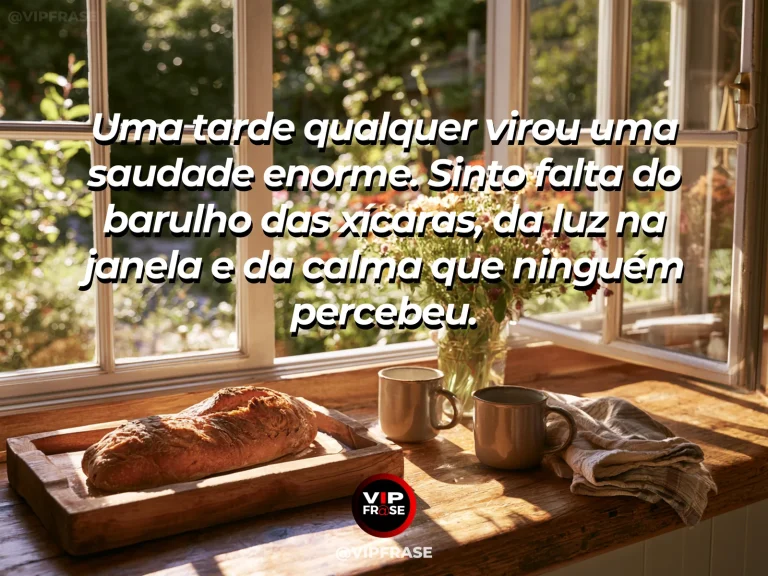 Mensagem de saudade sobre a falta de uma tarde simples, com mesa de cafeteria com xícaras e luz de tarde.