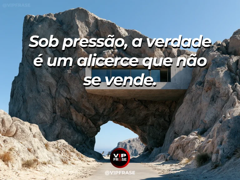 Frase de força sobre a verdade como alicerce, com fortaleza de pedra assentada sobre alicerces rochosos acima de um desfiladeiro.