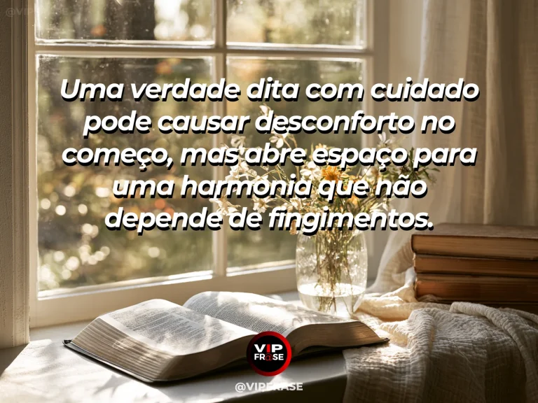 Arte com frase de paz sobre a verdade que abre caminho à harmonia, em cenário de mesa de madeira com flores brancas junto à janela.