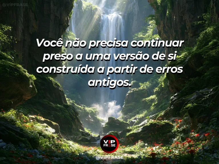 Mensagem de superação com corredor antigo e escuro se abrindo para um jardim ensolarado, simbolizando libertação de uma versão antiga de si.