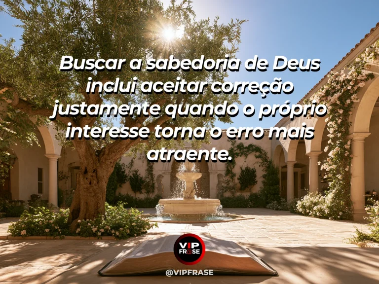 Frase de sabedoria sobre correção e sabedoria de Deus, com livro aberto sem texto e trilha iluminada em jardim tranquilo.
