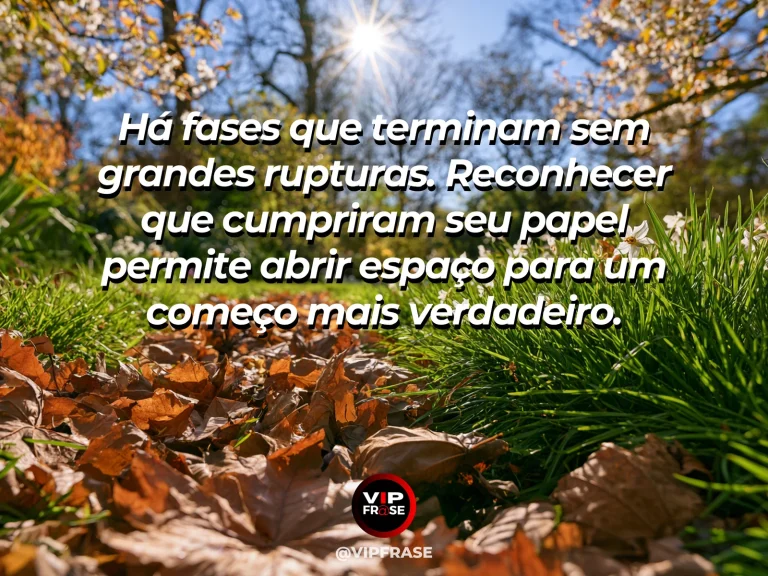 Mensagem sobre fim de fase em jardim com brotos e flores maduras.
