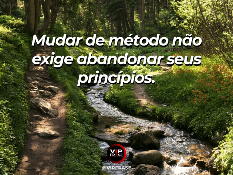 Frase de sabedoria sobre mudança de método sem perder princípios, com trilha nova contornando árvore antiga em parque cheio de flores.