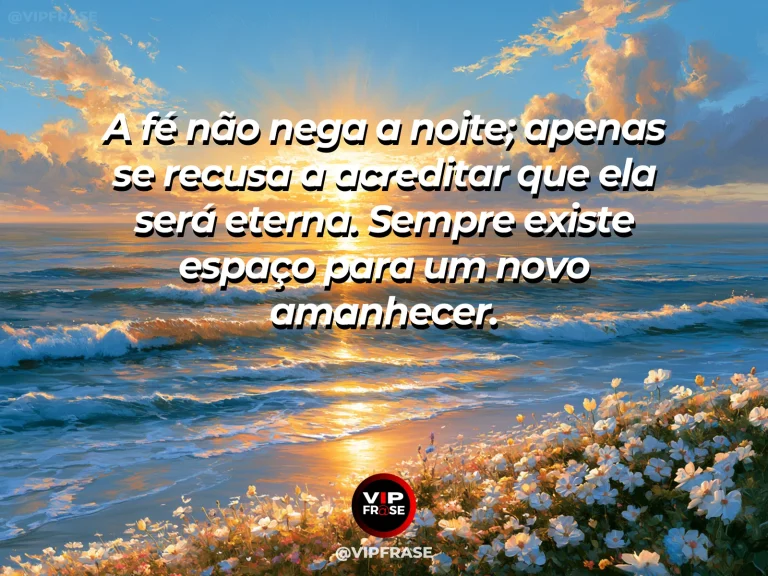 Frase de fé com praia após tempestade, com nuvens se abrindo e sol nascendo sobre o mar.
