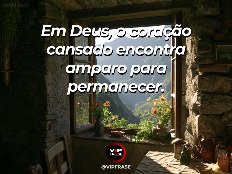 Mensagem de força sobre amparo para o coração cansado, com mosteiro de pedra no alto de formação rochosa ensolarada.