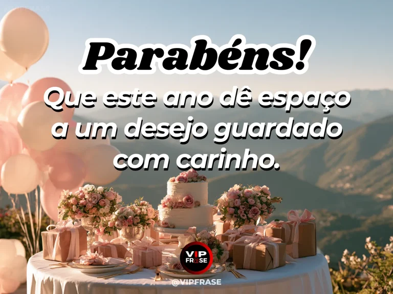 Mensagem de aniversário para alguém especial sobre fôlego para realizar um desejo, com balões voando sobre vale iluminado com mesa de festa discreta.