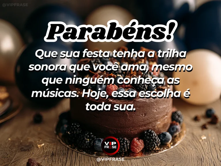 Mensagem de aniversário para alguém especial sobre o aniversariante escolhe a trilha, com toca-discos moderno com bolo e balões em mesa festiva.