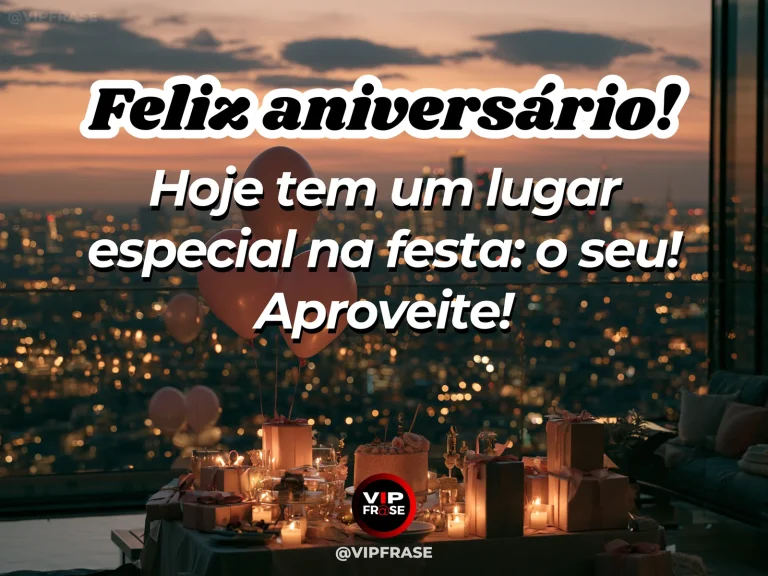 Mensagem de aniversário para alguém especial sobre o lugar reservado na comemoração, com mesa de festa com cadeira de destaque, bolo e balões elegantes.