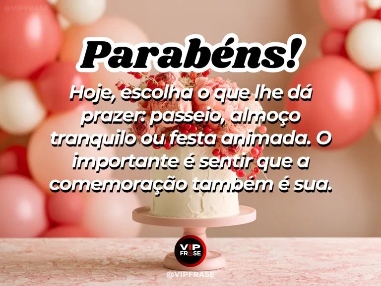 Mensagem de aniversário para alguém especial sobre o prazer de escolher a própria programação, com mesa de café elegante em varanda florida com balões e bolo.